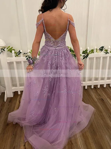 A-line V-neck Tulle Sweep Train Prom Dresses With Appliques Lace #Favs020113607