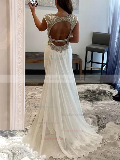 Sheath/Column V-neck Chiffon Stretch Crepe Watteau Train Prom Dresses With Split Front #Favs020113612