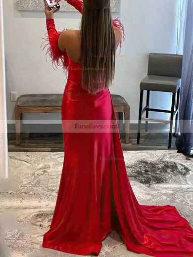 Sheath/Column Off-the-shoulder Silk-like Satin Sweep Train Prom Dresses With Feathers / Fur #Favs020113613