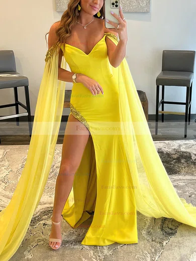 Sheath/Column Off-the-shoulder Chiffon Stretch Crepe Sweep Train Prom Dresses With Split Front #Favs020113615