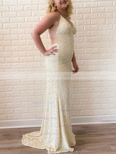 Sheath/Column V-neck Sequined Sweep Train Prom Dresses #Favs020113688