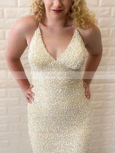 Sheath/Column V-neck Sequined Sweep Train Prom Dresses #Favs020113688