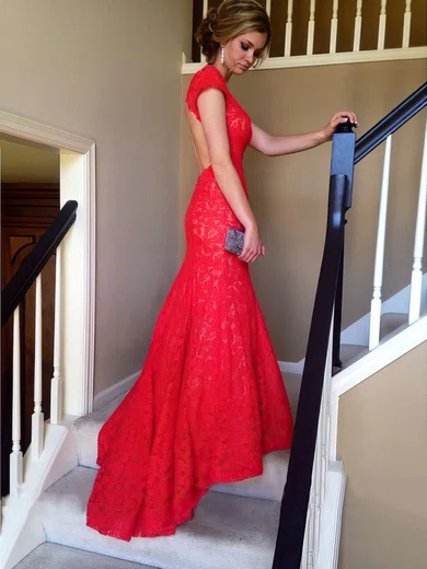 Trumpet/Mermaid V-neck Lace Sweep Train Appliques Lace Prom Dresses #Favs020102172