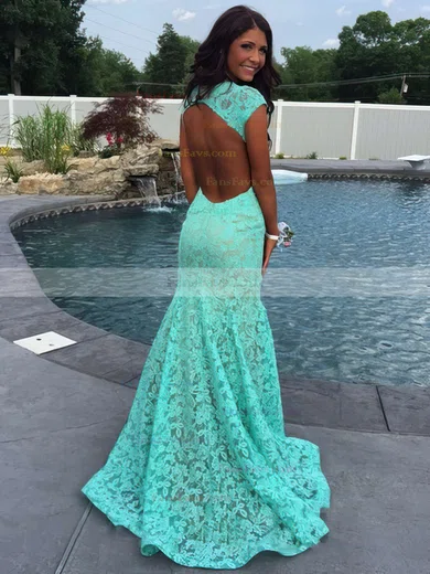 Trumpet/Mermaid V-neck Lace Sweep Train Appliques Lace Prom Dresses #Favs020102172