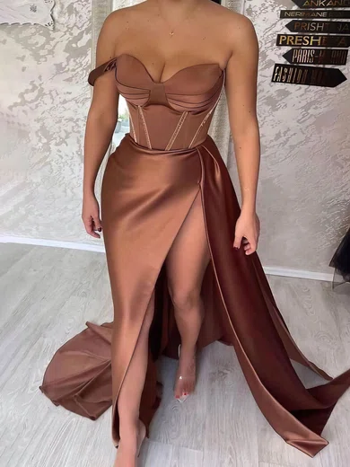 Sheath/Column One Shoulder Satin Sweep Train Prom Dresses With Split Front #Favs020113700