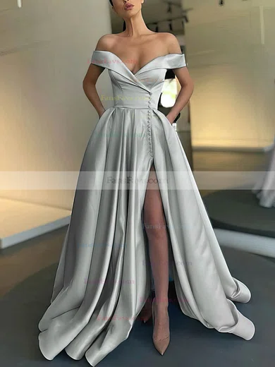 A-line Off-the-shoulder Satin Sweep Train Prom Dresses With Sashes / Ribbons #Favs020113707