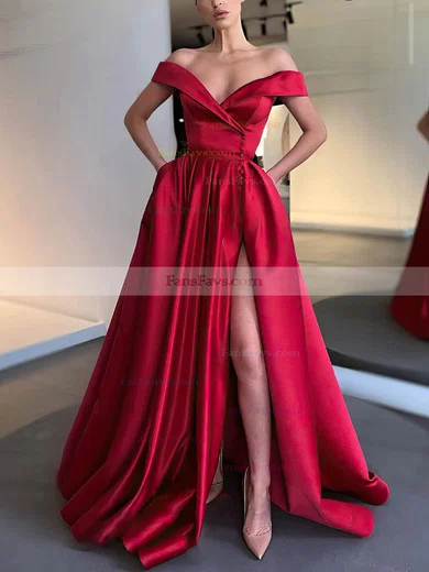 A-line Off-the-shoulder Satin Sweep Train Prom Dresses With Sashes / Ribbons #Favs020113707