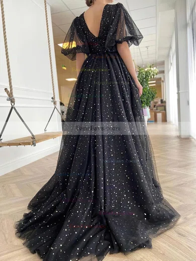 A-line V-neck Tulle Sweep Train Prom Dresses With Split Front #Favs020113719