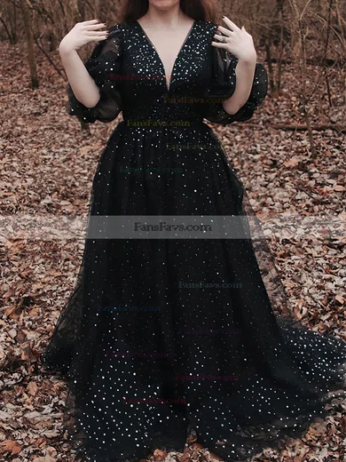 A-line V-neck Tulle Sweep Train Prom Dresses With Split Front #Favs020113719