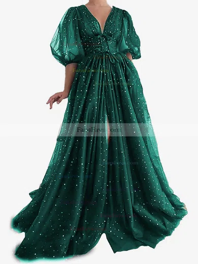 A-line V-neck Tulle Sweep Train Prom Dresses With Split Front #Favs020113719