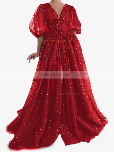 A-line V-neck Tulle Sweep Train Prom Dresses With Split Front #Favs020113719