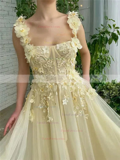 A-line Square Neckline Tulle Floor-length Prom Dresses With Sashes / Ribbons #Favs020113733