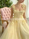 A-line Square Neckline Tulle Floor-length Prom Dresses With Sashes / Ribbons #Favs020113733