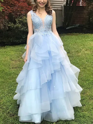 Princess V-neck Tulle Floor-length Prom Dresses With Appliques Lace #Favs020113766