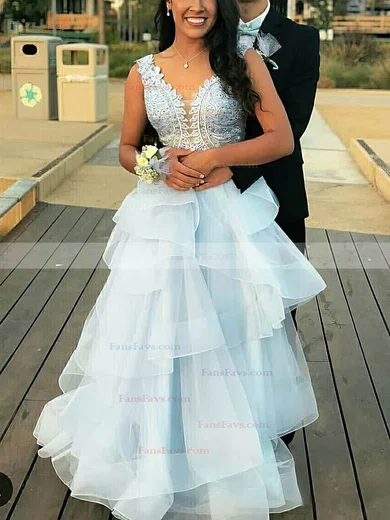 Princess V-neck Tulle Floor-length Prom Dresses With Appliques Lace #Favs020113766