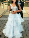 Princess V-neck Tulle Floor-length Prom Dresses With Appliques Lace #Favs020113766