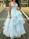 Princess V-neck Tulle Floor-length Prom Dresses With Appliques Lace #Favs020113766