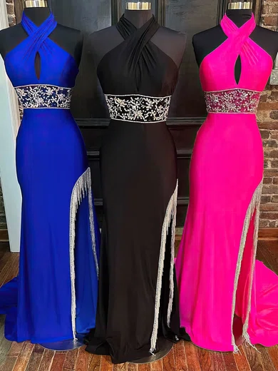 Sheath/Column Halter Jersey Sweep Train Prom Dresses With Split Front #Favs020113830