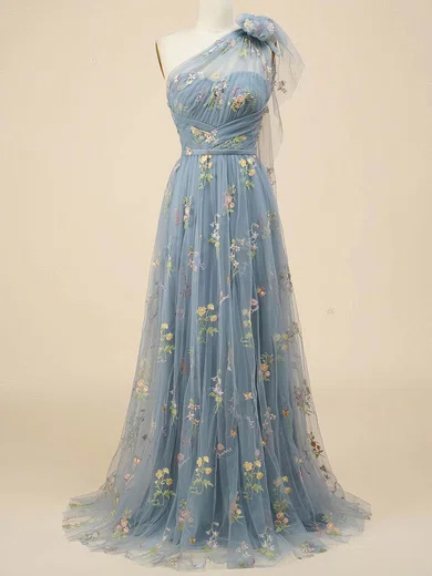 A-line One Shoulder Tulle Sweep Train Prom Dresses With Flower(s) #Favs020113831