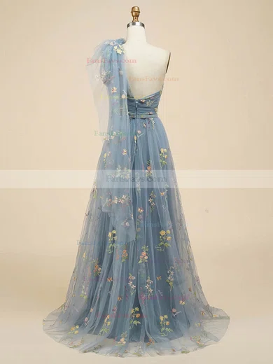 A-line One Shoulder Tulle Sweep Train Prom Dresses With Flower(s) #Favs020113831