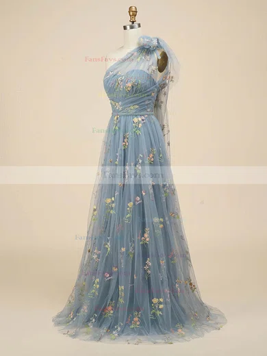 A-line One Shoulder Tulle Sweep Train Prom Dresses With Flower(s) #Favs020113831