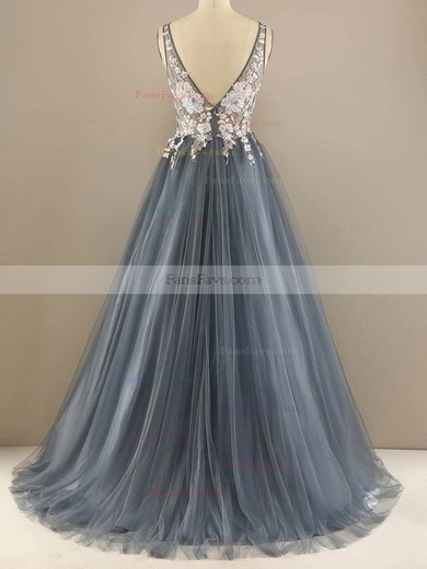 A-line V-neck Tulle Sweep Train Prom Dresses With Appliques Lace #Favs020113842