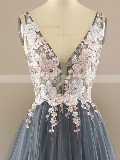 A-line V-neck Tulle Sweep Train Prom Dresses With Appliques Lace #Favs020113842