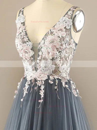 A-line V-neck Tulle Sweep Train Prom Dresses With Appliques Lace #Favs020113842