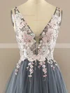 A-line V-neck Tulle Sweep Train Prom Dresses With Appliques Lace #Favs020113842