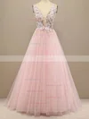A-line V-neck Tulle Sweep Train Prom Dresses With Appliques Lace #Favs020113842