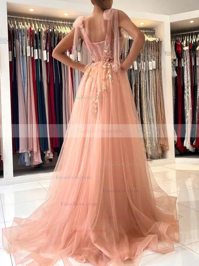 A-line V-neck Tulle Sweep Train Prom Dresses With Split Front #Favs020113844