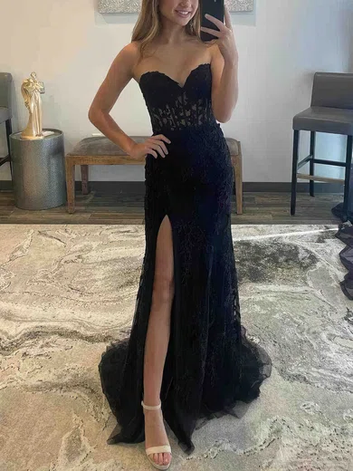 Sheath/Column Sweetheart Tulle Sweep Train Prom Dresses With Appliques Lace #Favs020113853