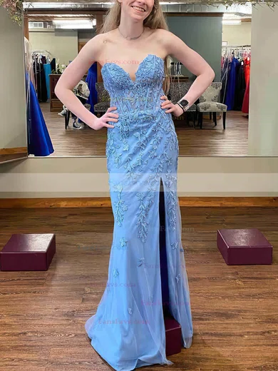 Sheath/Column Sweetheart Tulle Sweep Train Prom Dresses With Appliques Lace #Favs020113853