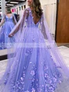 A-line V-neck Tulle Glitter Sweep Train Prom Dresses With Flower(s) #Favs020113858