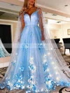 A-line V-neck Tulle Glitter Sweep Train Prom Dresses With Flower(s) #Favs020113858