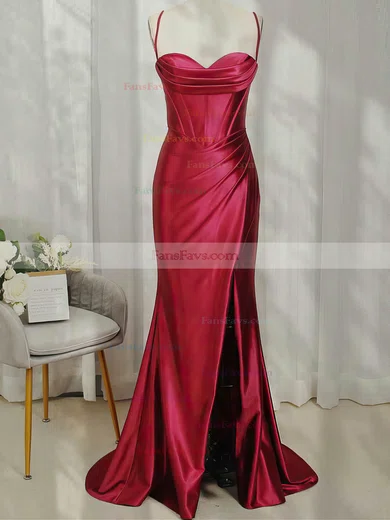 Sheath/Column Sweetheart Silk-like Satin Sweep Train Prom Dresses With Split Front #Favs020113867