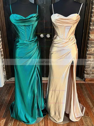 Sheath/Column Sweetheart Silk-like Satin Sweep Train Prom Dresses With Split Front #Favs020113867