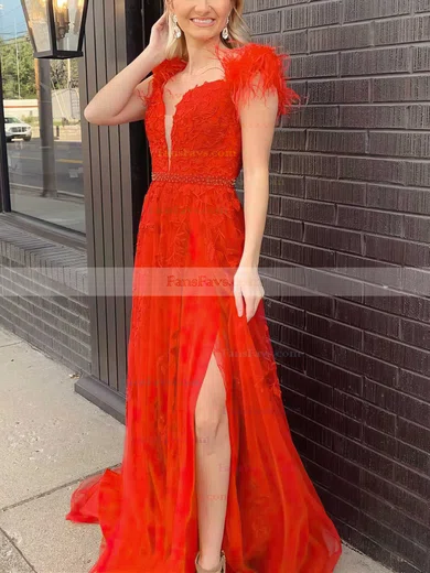 A-line Off-the-shoulder Tulle Sweep Train Prom Dresses With Feathers / Fur #Favs020113868