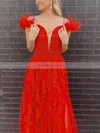 A-line Off-the-shoulder Tulle Sweep Train Prom Dresses With Feathers / Fur #Favs020113868
