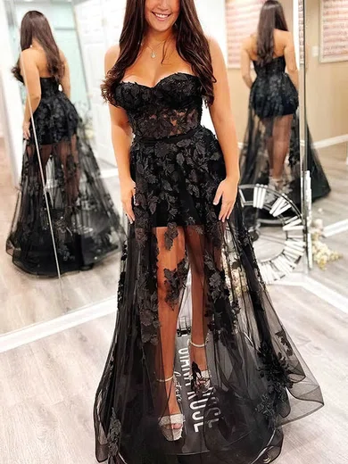 A-line Sweetheart Tulle Floor-length Prom Dresses With Appliques Lace #Favs020113869