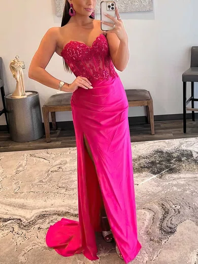 Sheath/Column Sweetheart Silk-like Satin Sweep Train Prom Dresses With Split Front #Favs020113871