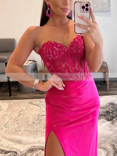 Sheath/Column Sweetheart Silk-like Satin Sweep Train Prom Dresses With Split Front #Favs020113871