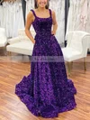 A-line Scoop Neck Sequined Sweep Train Prom Dresses With Pockets #Favs020113875