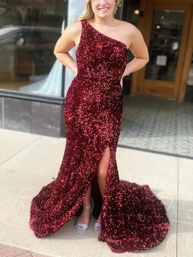 Trumpet/Mermaid One Shoulder Sequined Sweep Train Prom Dresses With Split Front #Favs020113878