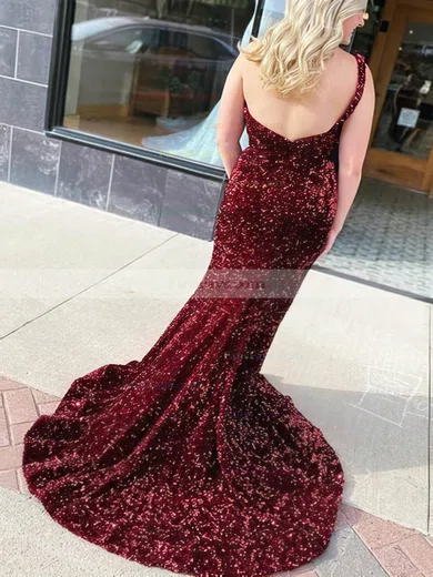 Trumpet/Mermaid One Shoulder Sequined Sweep Train Prom Dresses With Split Front #Favs020113878