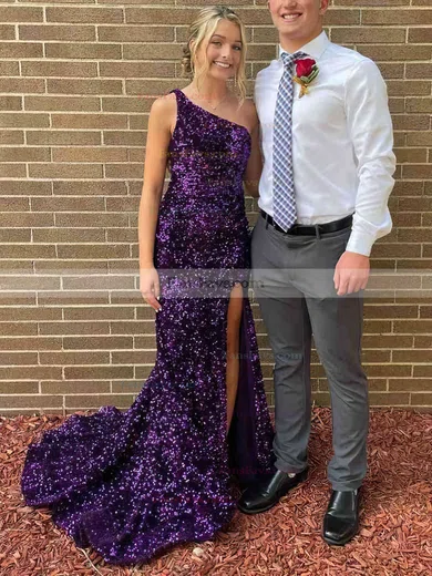 Trumpet/Mermaid One Shoulder Sequined Sweep Train Prom Dresses With Split Front #Favs020113878