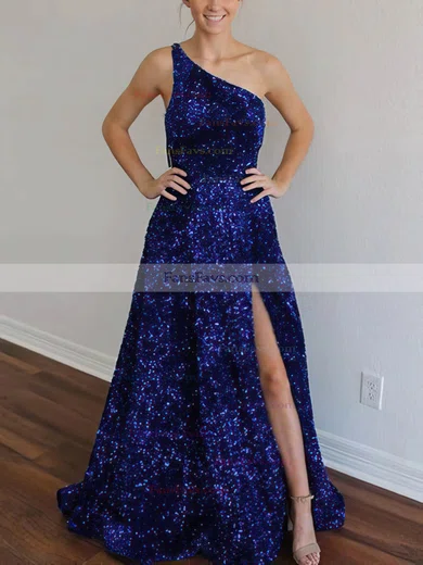 A-line One Shoulder Sequined Sweep Train Prom Dresses With Pockets #Favs020113880
