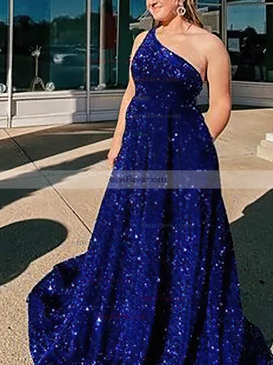 A-line One Shoulder Sequined Sweep Train Prom Dresses With Pockets #Favs020113880