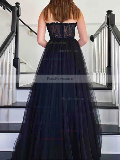 A-line Sweetheart Lace Tulle Sweep Train Prom Dresses #Favs020113889