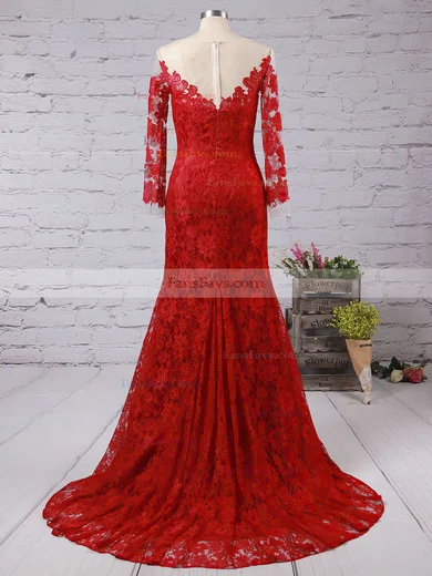 Trumpet/Mermaid Scoop Neck Lace Sweep Train Appliques Lace Prom Dresses #Favs020102176
